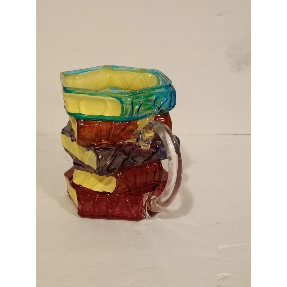 Hand Blown Studio Art Glass Stacked Book Lovers Coffee Mug Tea Cup Librarian - Picture 4 of 6